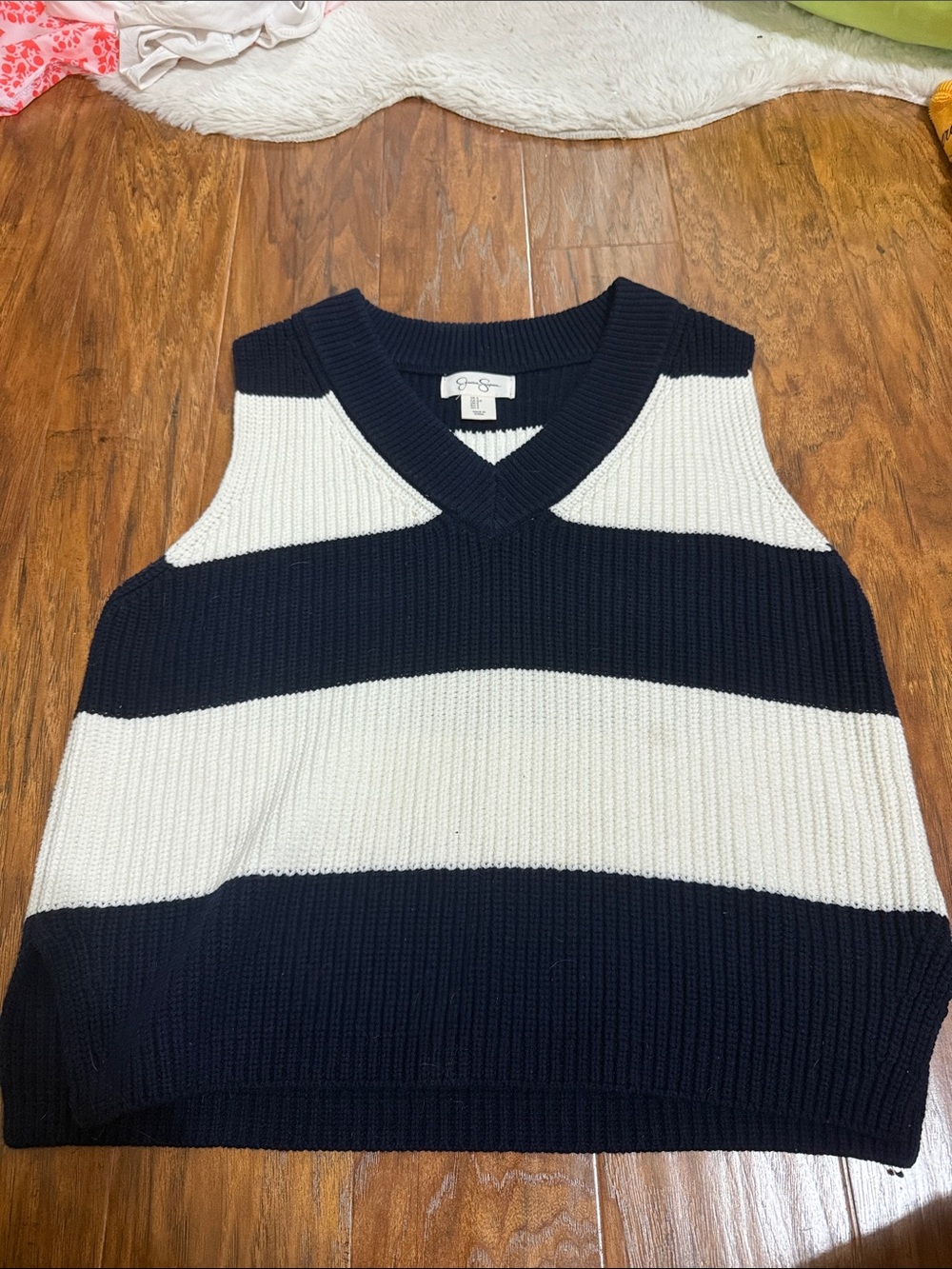 Jessica Simpson Navy & White Striped V-Neck Sweater Vest